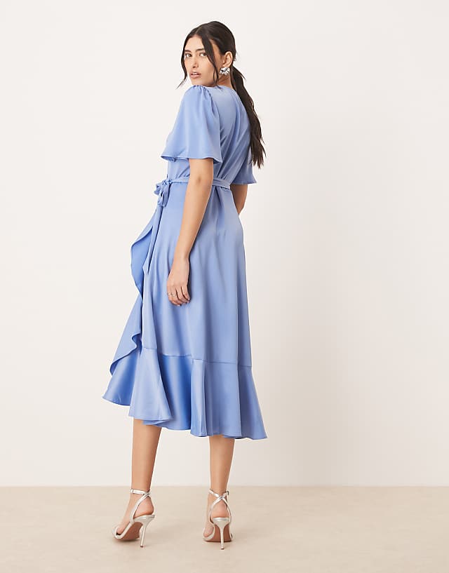 Asos YAS Satin Wrap Midi Dress In Blue