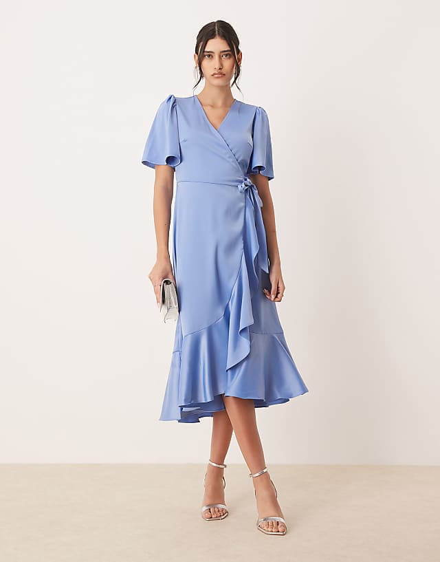 asos YAS satin wrap midi dress in blue