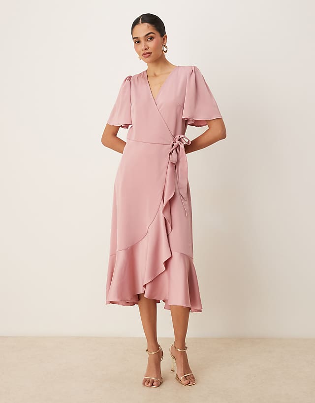 Asos YAS Satin Wrap Midi Dress In Lilas Pink