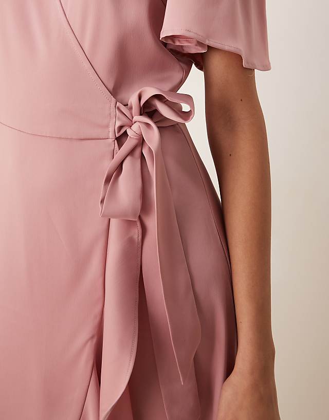 Asos YAS Satin Wrap Midi Dress In Lilas Pink
