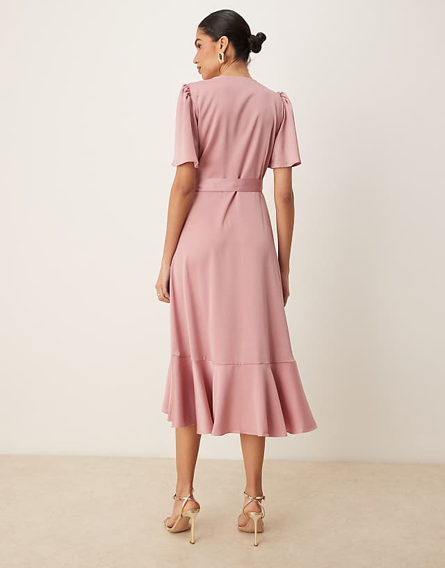 Asos YAS Satin Wrap Midi Dress In Lilas Pink