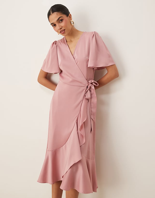 asos YAS satin wrap midi dress in lilas pink