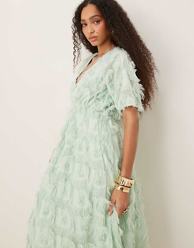 Asos YAS Textured V Neck Midi Dress In Mist Green