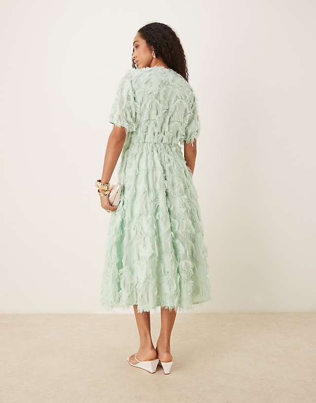 Asos YAS Textured V Neck Midi Dress In Mist Green