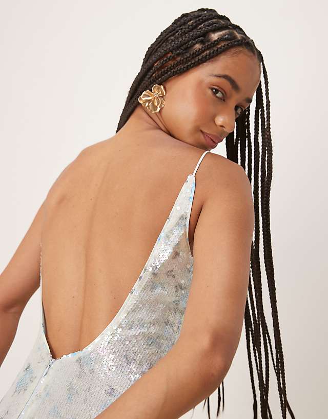 Asos Bardot Lois Sequin Maxi Dress In Baby Blue Floral