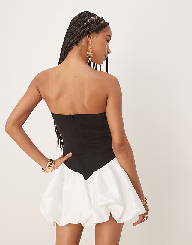 Asos Bardot Vega Strapless Mini Dress In Black And White