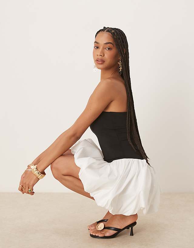 Asos Bardot Vega Strapless Mini Dress In Black And White