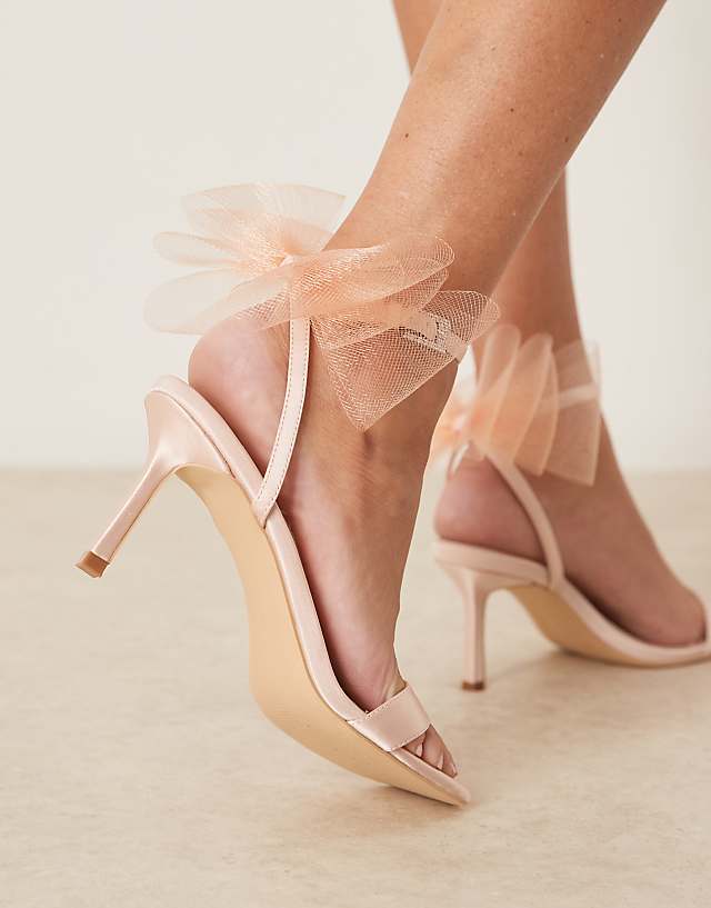 Asos Be Mine Bridal Dipika Kitten Heel Sandals With Tulle Bow In Blush