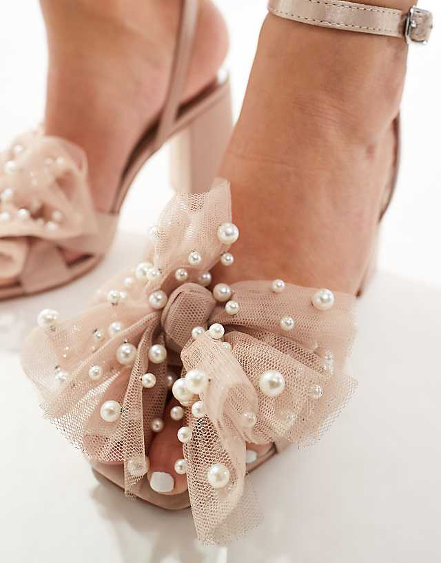 Asos Be Mine Bridal Issa Tulle Pearl Bow Block Heel Sandals In Blush
