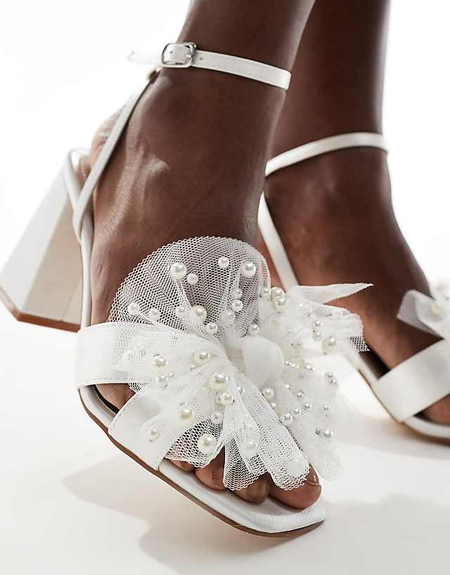 Asos Be Mine Bridal Issa Tulle Pearl Bow Block Heel Sandals In Ivory