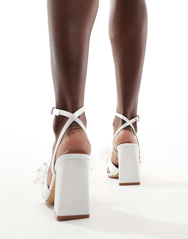 Asos Be Mine Bridal Issa Tulle Pearl Bow Block Heel Sandals In Ivory