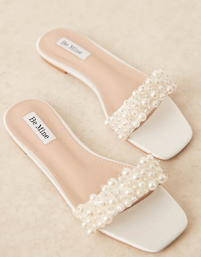 Asos Be Mine Bridal Kiely Pearl Embellished Flat Sandals In Ivory