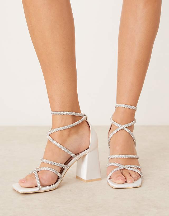 asos Be Mine Bridal Natalia embellished strap block heel sandals in ivory