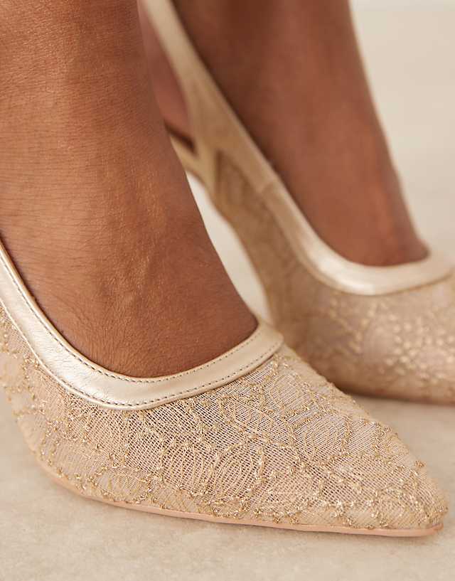 Asos Be Mine Bridal Vidha Slingback Heeled Shoes In Gold Lace