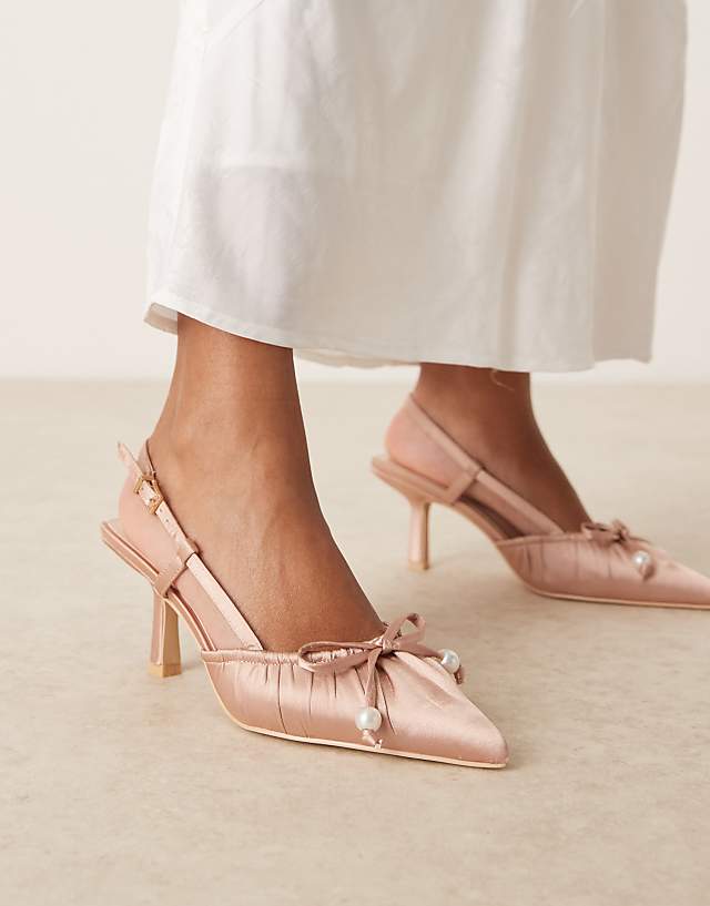 Asos Be Mine Fauna High Block Heeled Sandals With Bow Detail In Satin Pink
