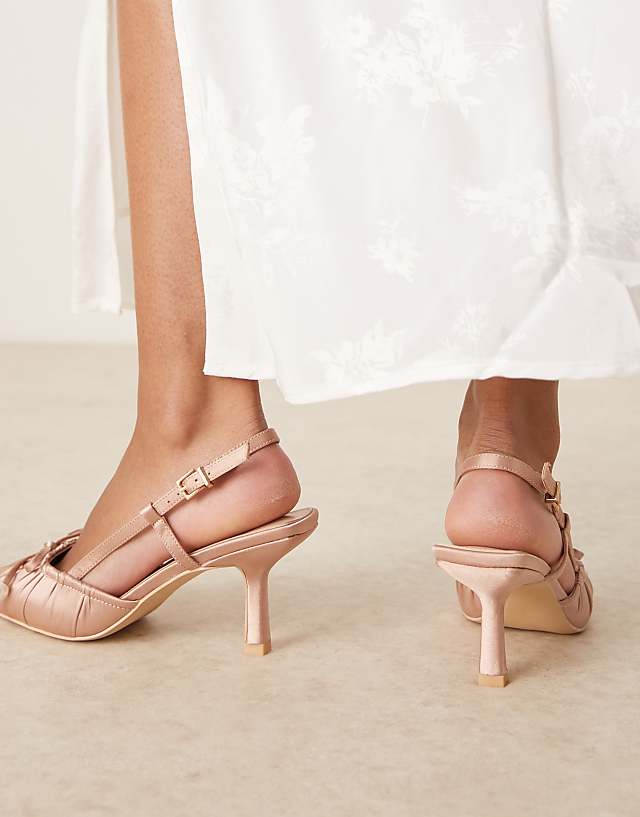 Asos Be Mine Fauna High Block Heeled Sandals With Bow Detail In Satin Pink