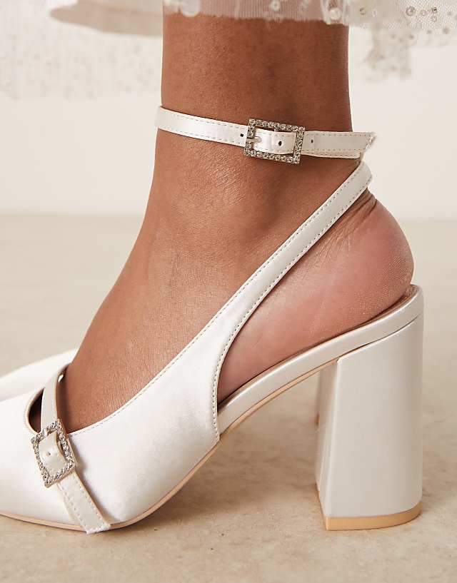 Asos Be Mine Harriot High Block Heeled Pumps With Buckle Detail In Satin Ivory