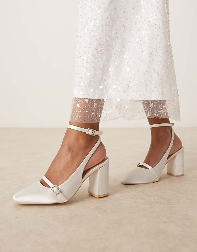 Asos Be Mine Harriot High Block Heeled Pumps With Buckle Detail In Satin Ivory