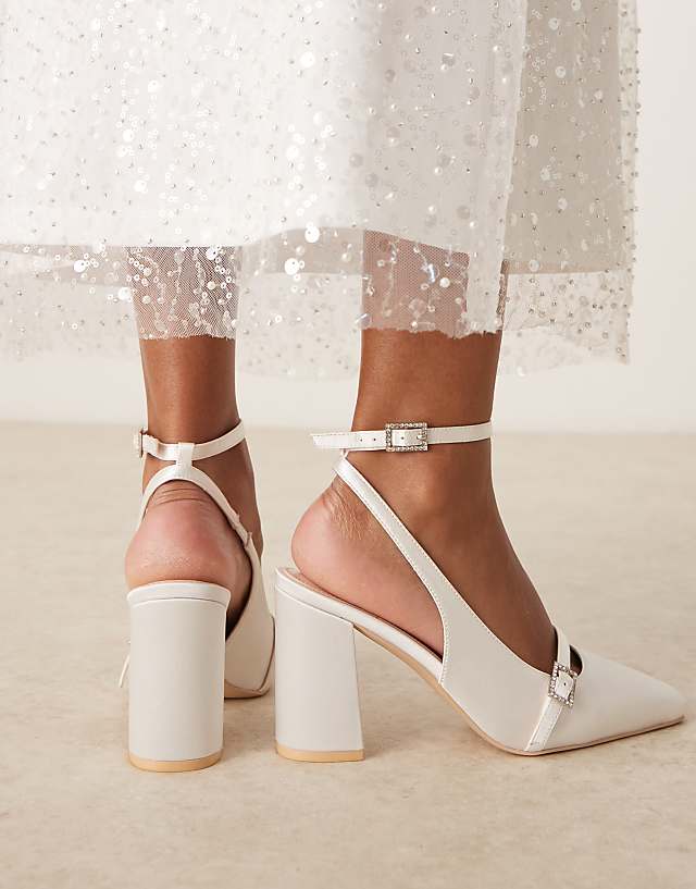 Asos Be Mine Harriot High Block Heeled Pumps With Buckle Detail In Satin Ivory