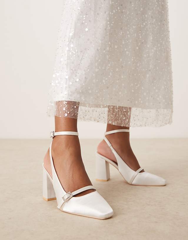 asos Be Mine Harriot high block heeled pumps with buckle detail in satin ivory