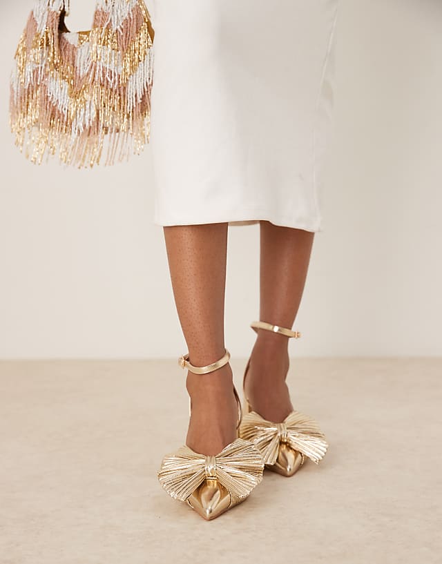 Asos Be Mine Sierra Heeled Pumps With Bow Detail In Satin Gold
