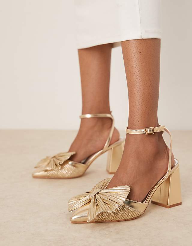 Asos Be Mine Sierra Heeled Pumps With Bow Detail In Satin Gold
