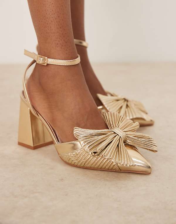 asos Be Mine Sierra heeled pumps with bow detail in satin gold