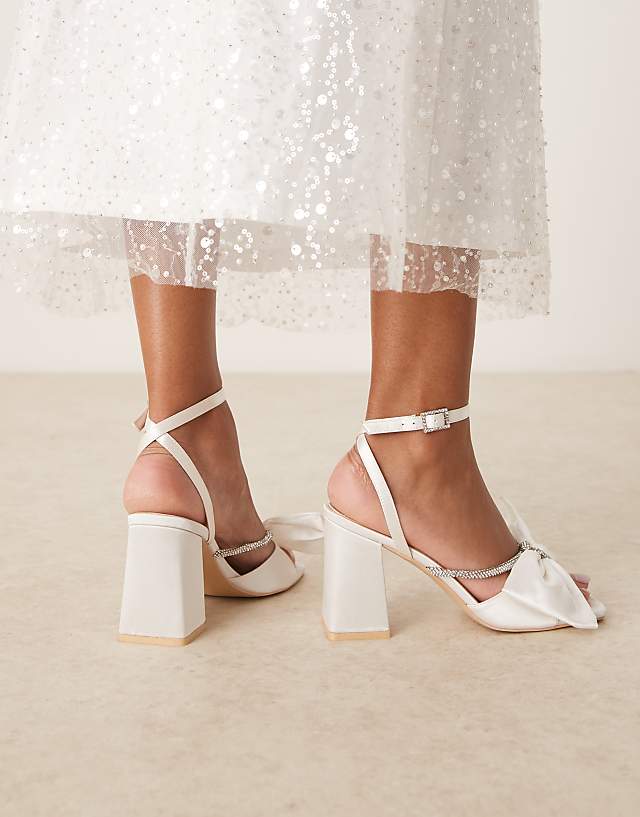 Asos Be Mine Tisca High Block Heeled Sandals With Bow In Satin Ivory