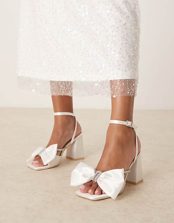 asos Be Mine Tisca high block heeled sandals with bow in satin ivory