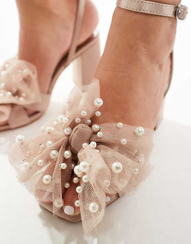 Asos Be Mine Wide Fit Bridal Issa Tulle Pearl Bow Block Heel Sandals In Blush