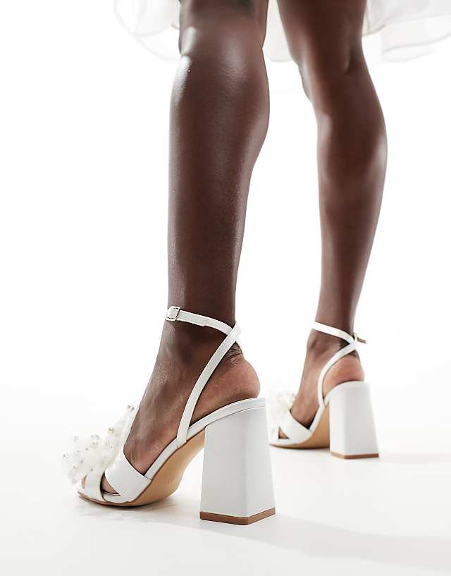 Asos Be Mine Wide Fit Bridal Issa Tulle Pearl Bow Block Heel Sandals In Ivory