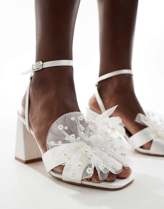 Asos Be Mine Wide Fit Bridal Issa Tulle Pearl Bow Block Heel Sandals In Ivory