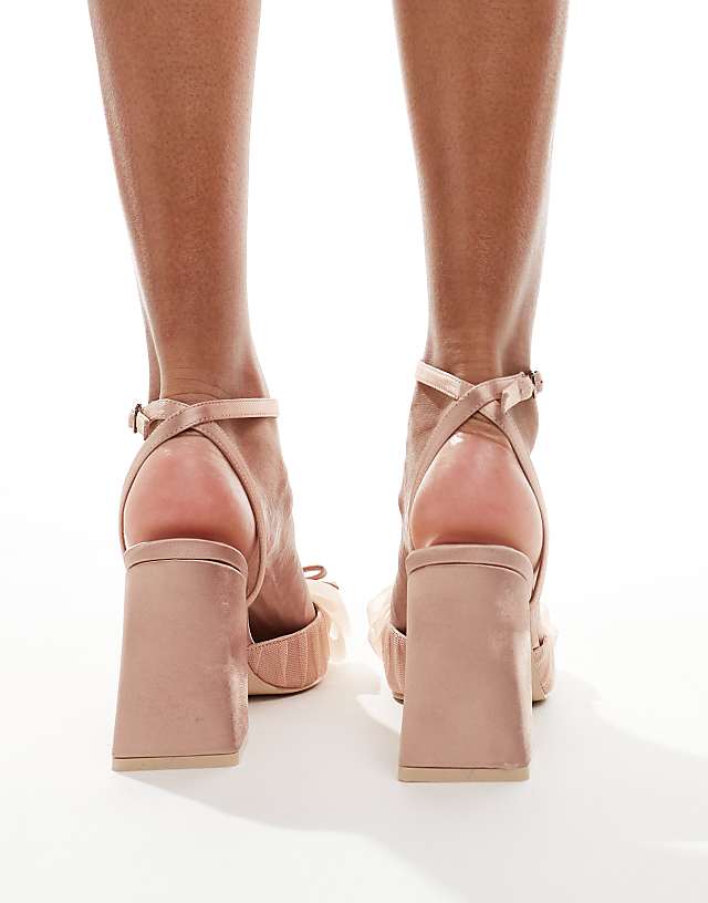 Asos Be Mine Wide Fit Bridal Jomi Block Heeled Shoes With Bow In Blush