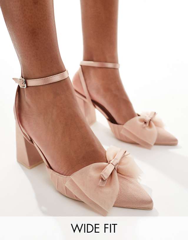 asos Be Mine Wide Fit Bridal Jomi block heeled shoes with bow in blush