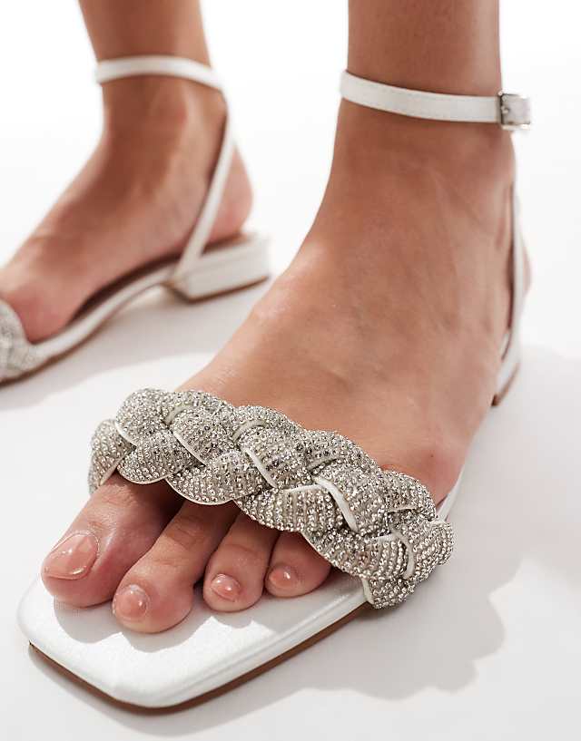 Asos Be Mine Wide Fit Bridal Morgan Embellished Plait Flat Sandals In Ivory
