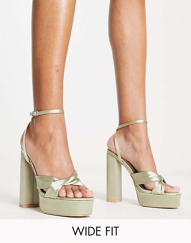 asos Be Mine Wide Fit Margot platform heeled sandals in sage satin