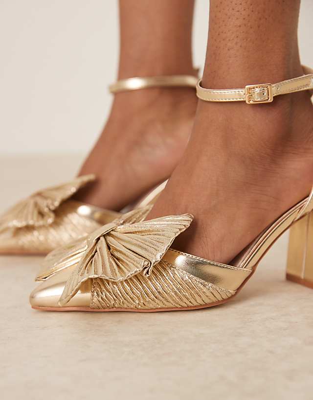 Asos Be Mine Wide Fit Sierra Heeled Pumps With Bow Detail In Satin Gold
