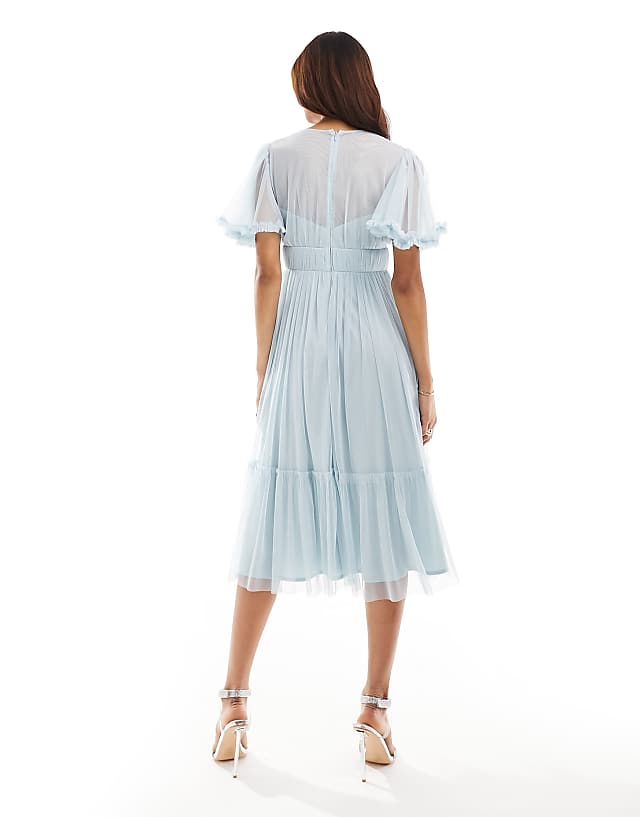 Asos Beauut Bridesmaid Tulle Midi Dress With Flutter Sleeve In Ice Blue