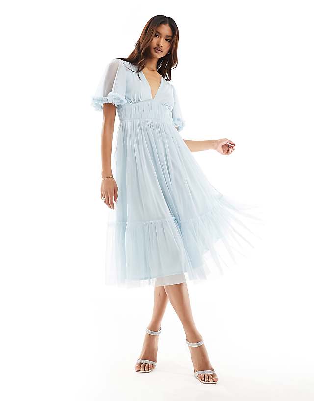 Asos Beauut Bridesmaid Tulle Midi Dress With Flutter Sleeve In Ice Blue