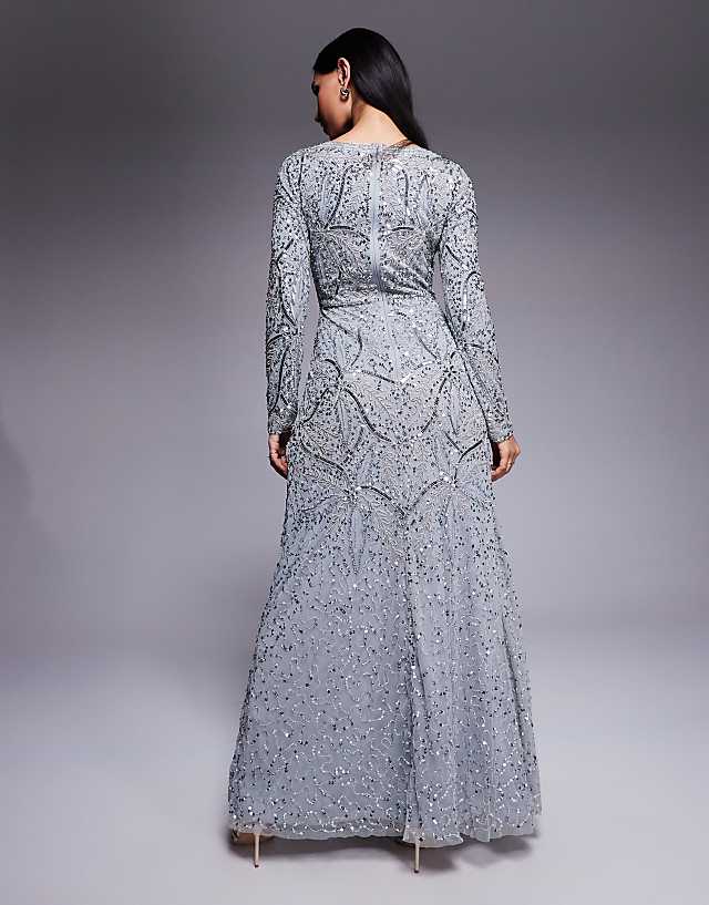 Asos Beauut Hanaa Long Sleeve Layered Maxi Dress In Grey