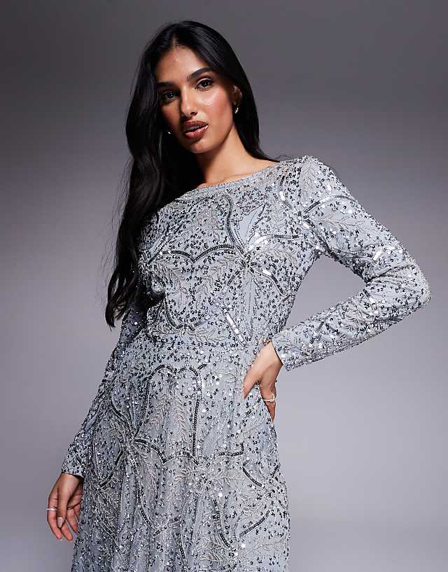 Asos Beauut Hanaa Long Sleeve Layered Maxi Dress In Grey