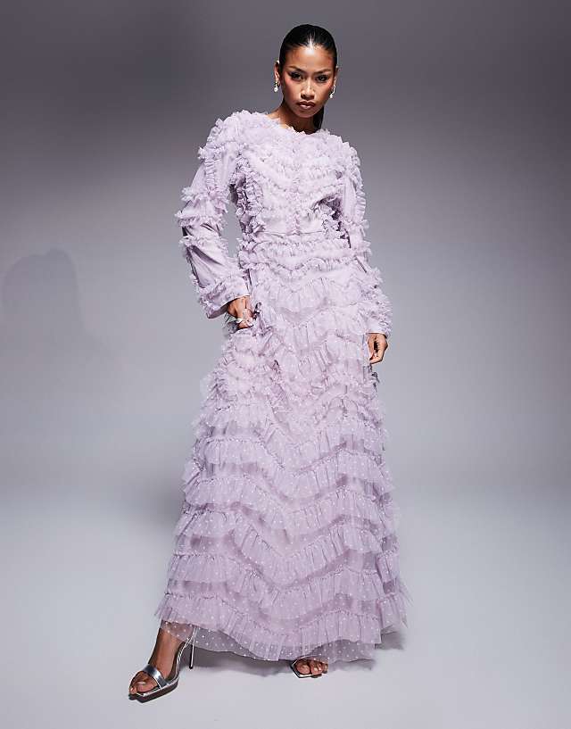 asos Beauut Maryisa long sleeve ruffle maxi dress in lilac