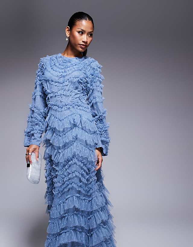 Asos Beauut Maryisa Long Sleeve Ruffle Maxi Dress In Powder Blue