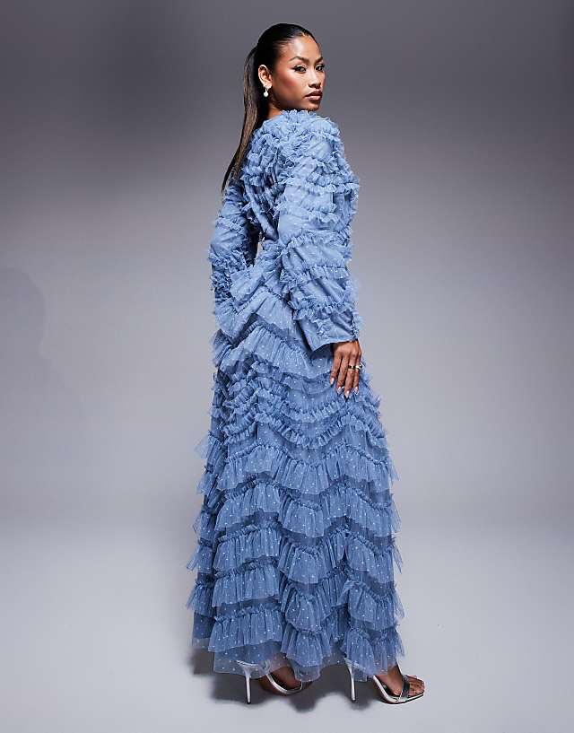 Asos Beauut Maryisa Long Sleeve Ruffle Maxi Dress In Powder Blue