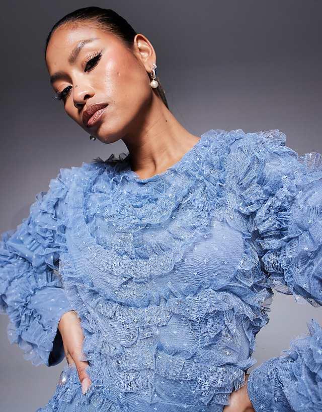 Asos Beauut Maryisa Long Sleeve Ruffle Maxi Dress In Powder Blue