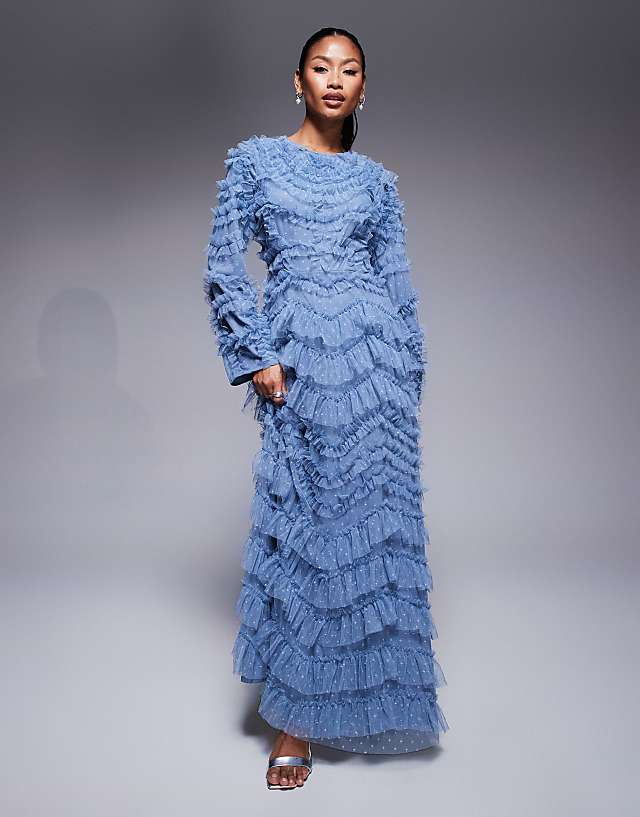 asos Beauut Maryisa long sleeve ruffle maxi dress in powder blue