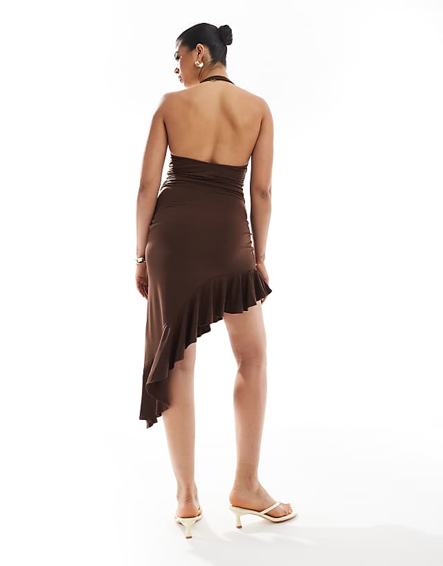 Asos Bershka Halterneck Frill Detail Asymmetric Mini Dress In Chocolate
