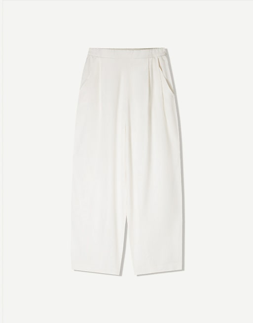 Asos Bershka Linen Blend Balloon Fit Trousers With Darts In White