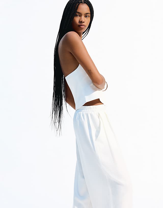 Asos Bershka Linen Blend Balloon Fit Trousers With Darts In White