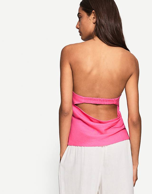Asos Bershka Linen Blend Bandeau Top In Bright Pink